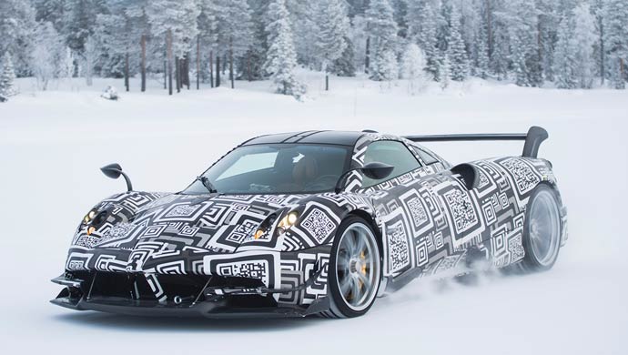 The Pagani Huayra BC boasts 12 cylinders and more than 750 hp. Bosch makes its ABS antilock braking system, the traction control system, and the ESP electronic stability programme.