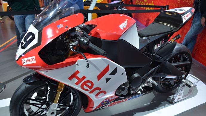 An EBR -Hero MotoCorp bike displayed during Auto Expo 2014