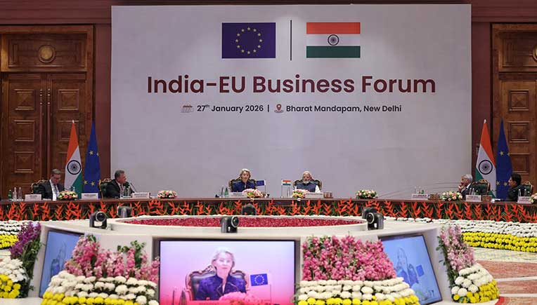 PM addresses the India-EU Business Forum at Bharat Mandapam, in New Delhi on January 27, 2026. Pic courtesy PIB