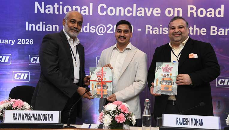 From left to right Ravi Krishnamoorthi, Group President, Rosmerta Technologies, Dr. Rajesh Mohan, DCP, Gurugram Traffic  and Mr. Pavitra H Arora, Chair Road Safety 2026 CII Young Indians 