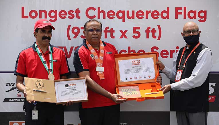 To commemorate the 4 million global sales milestone celebrations, TVS Motor Company, in collaboration with its TVS Apache customers has created the “Longest Chequered Flag” 