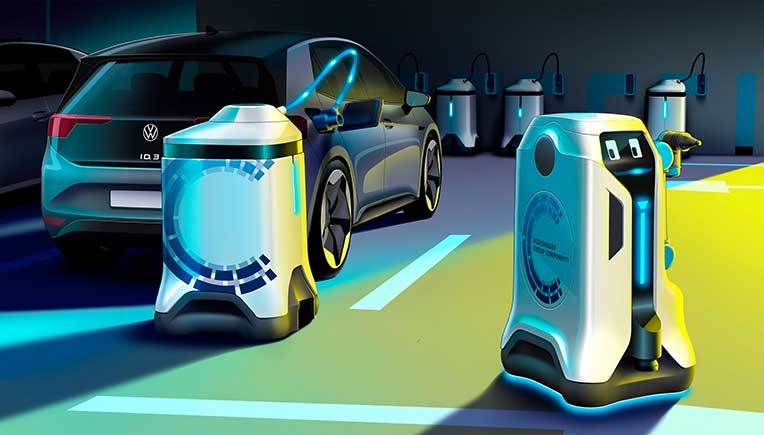 World premiere of Volkswagen charging robots in underground parkings 