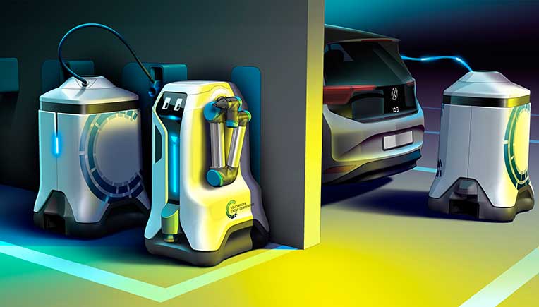 World premiere of Volkswagen charging robots in underground parkings 