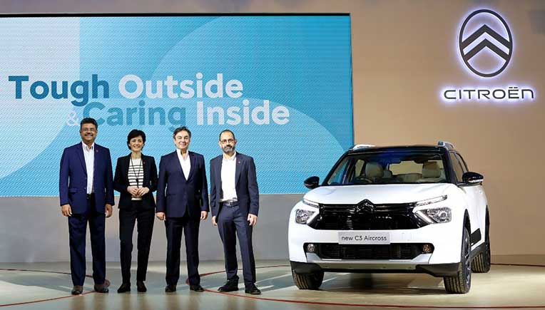 LtoR-Saurabh-Vatsa,-Citroen-India-Head,-Laurence-Hansen,-Citroen-Product&-Strategy-Division,-Roland-Bouchara,-CEO-&-MD,-Stellantis-India,-Thierry-Koskas,-CEO-Citroen