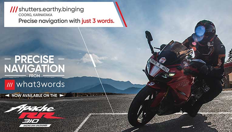 TVS Apache 2 wheelers get what3words navigation in TVS Connect app