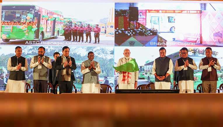 Narendra Modi flags off 200 JBM electric buses from Guwahati. Pic courtesy PIB