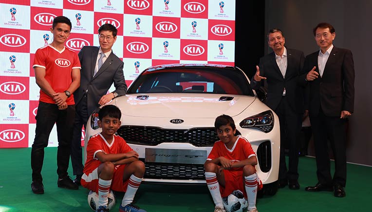 From L to R- Sunil Chhetri (Indian Football Team Captain), Kookhyun Shim (MD & CEO),  Manohar Bhat (Head-Sales & Marketing), Yong Kim (ED), - Kia Motors India, Ms Nathania John K, Master Rishi Tej
