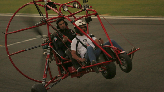 Ranbir arrives in a Paramotor
