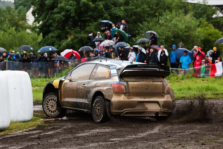 Andreas Mikkelsen (NOR) performs during FIA World Rally Championship 2016 Poland in Mikolajki, Poland on July 3, 2016