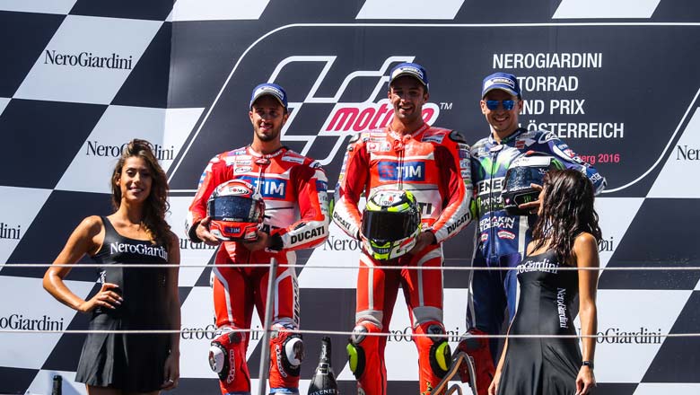 The Ducati Team on the podium with a 1-2 finish followed by Jorge Lorenzo (Movistar Yamaha MotoGP) who came in third