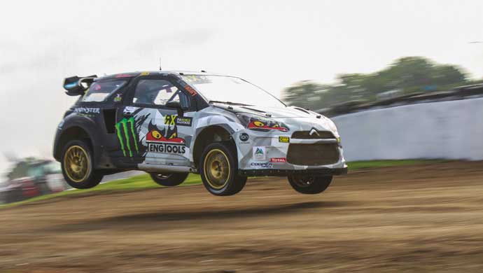 Petter Solberg jumping his Citroen DS3 to finish 2nd in Belgium RX 2015 for SDRX team