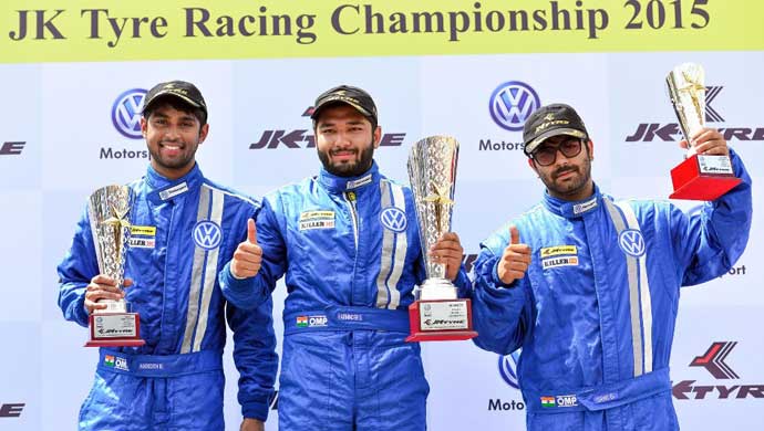 (L to R) Anindith Reddy, runner up race 2, Karminder Singh, Winner Race 2, Sahil Gahuri, second runner up Race 2, on the podium.