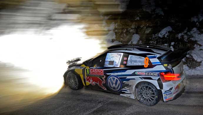 Andreas Mikkelsen/Ola Fløene in the 2014 Volkswagen Polo R WRC rally car