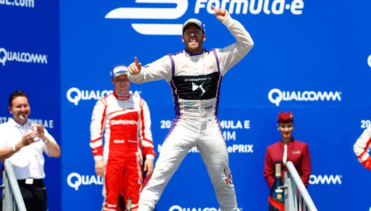 Sam Bird celebrates, picture courtesy Alastair Staley/LAT/Formula E 