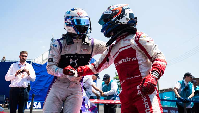 Felix Rosenqvist congratulates Sam Bird , picture courtesy Sam Bloxham/LAT/Formula E 