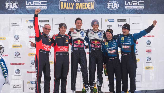 Sebastien Ogier (FRA), Hayden Paddon (NZL) , Mads Ostberg (NOR) celebrate podium