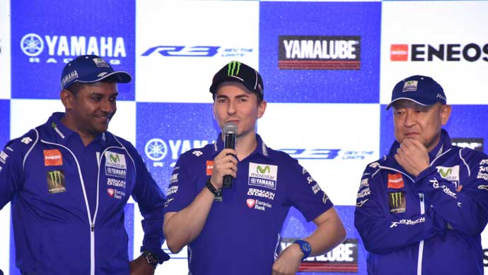 Jorge Lorenzo with Roy Kurien and Masaki Asano, Managing Director, Yamaha Motor India Sales Pvt. Ltd